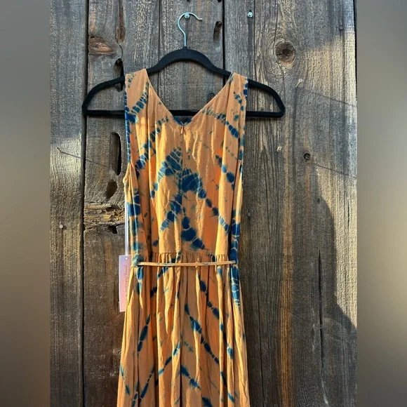 NWT Young Fabulous & Broke Blue Frida Dress in Tan & Blue w Slit & Belt
